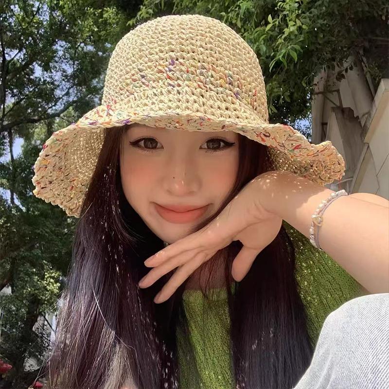 Women Handwoven Rainbow Straw  - Bucket Hat Straw ulasan dan harga